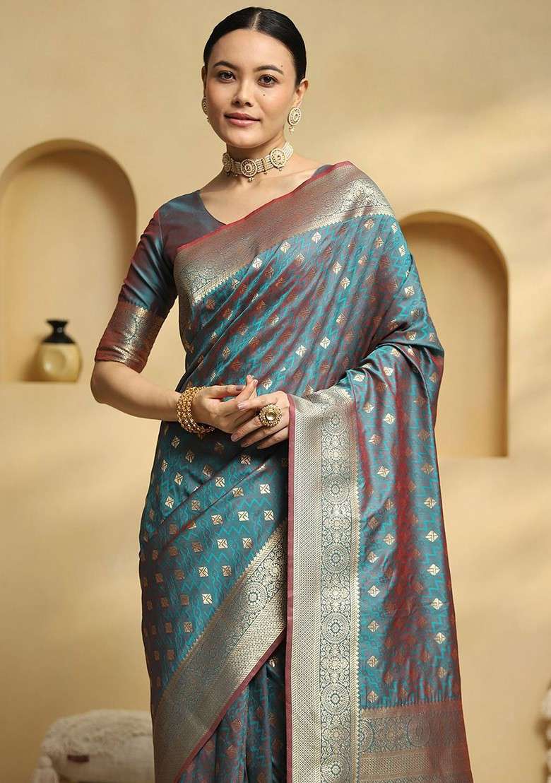 Teal Embroidered Blended Saree Set for Diwali and Festive Wear - Indya