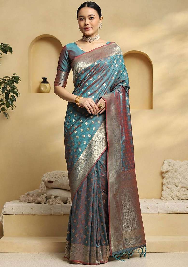 Teal Embroidered Blended Saree Set for Diwali and Festive Wear - Indya