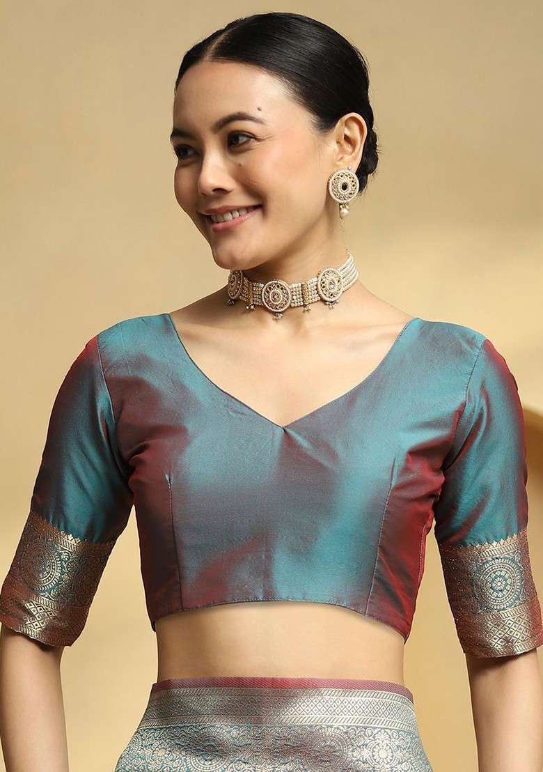 Teal Embroidered Blended Saree Set for Diwali and Festive Wear - Indya