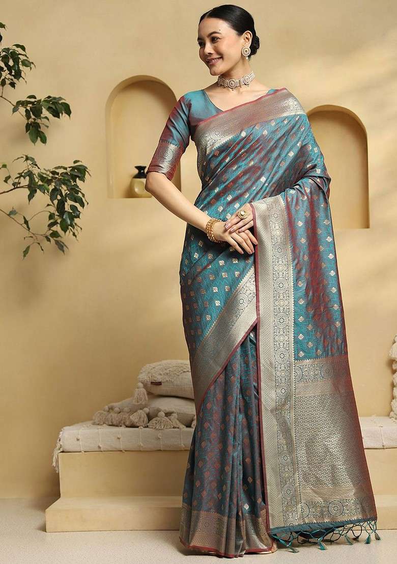 Teal Embroidered Blended Saree Set for Diwali and Festive Wear - Indya
