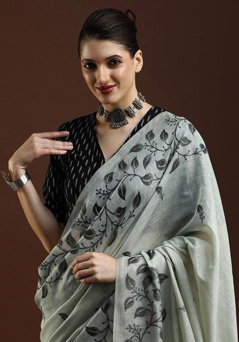 Grey Embroidered Blended Saree Set