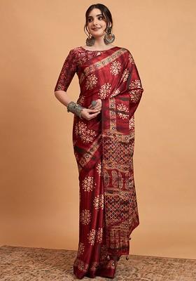 Maroon Printed Blended Saree Set
