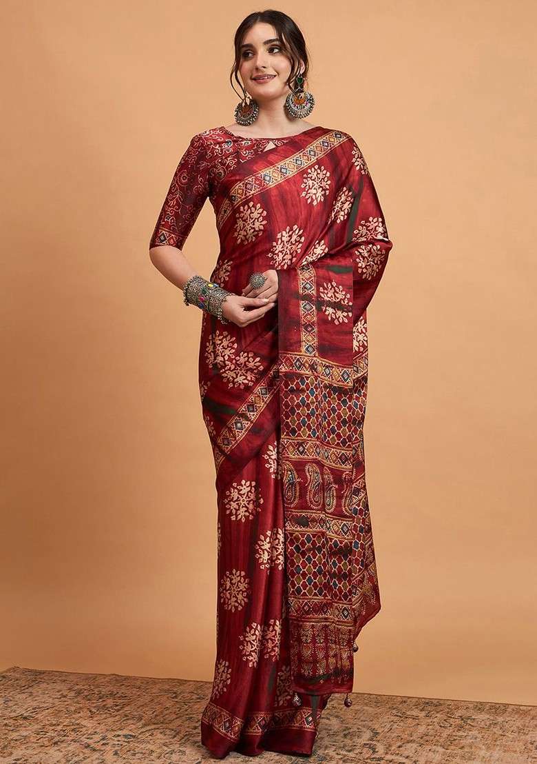 Maroon Printed Blended Saree Set - Indya