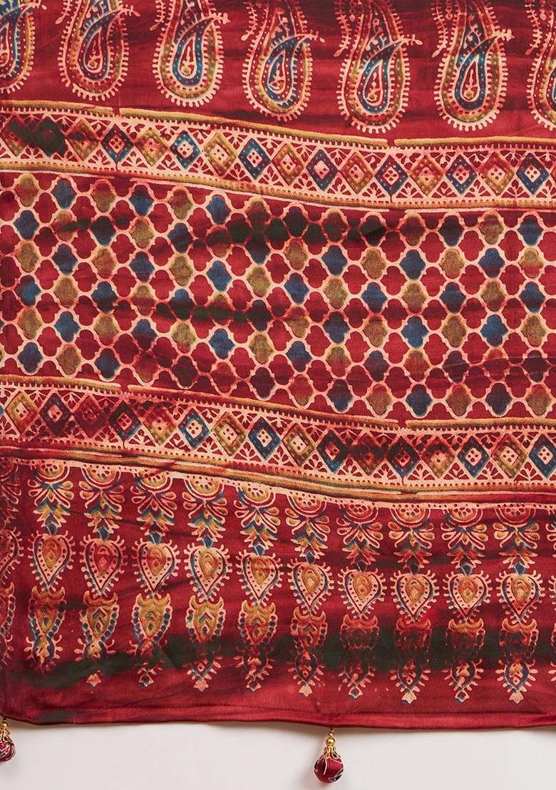 Maroon Printed Blended Saree Set - Indya