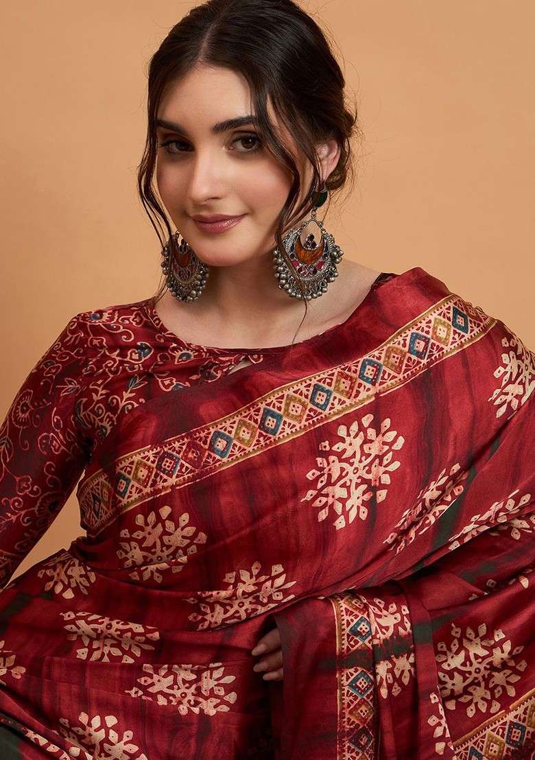 Maroon Printed Blended Saree Set - Indya