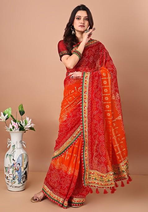 Orange Embroidered Blended Saree Set