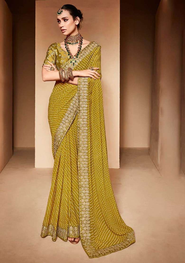Olive Embroidered Blended Saree Set for Diwali and Festive Wear - Indya