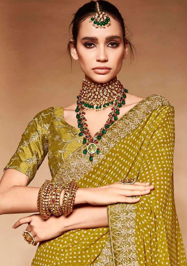 Olive Embroidered Blended Saree Set for Diwali and Festive Wear - Indya