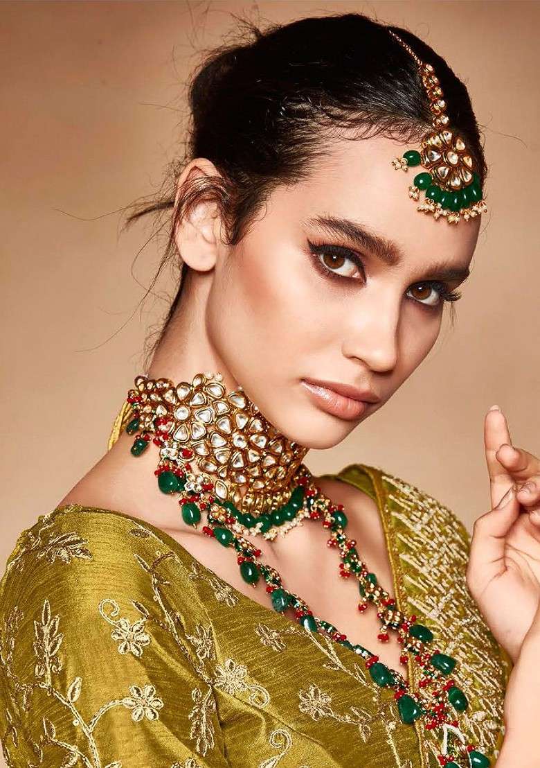 Olive Embroidered Blended Saree Set for Diwali and Festive Wear - Indya