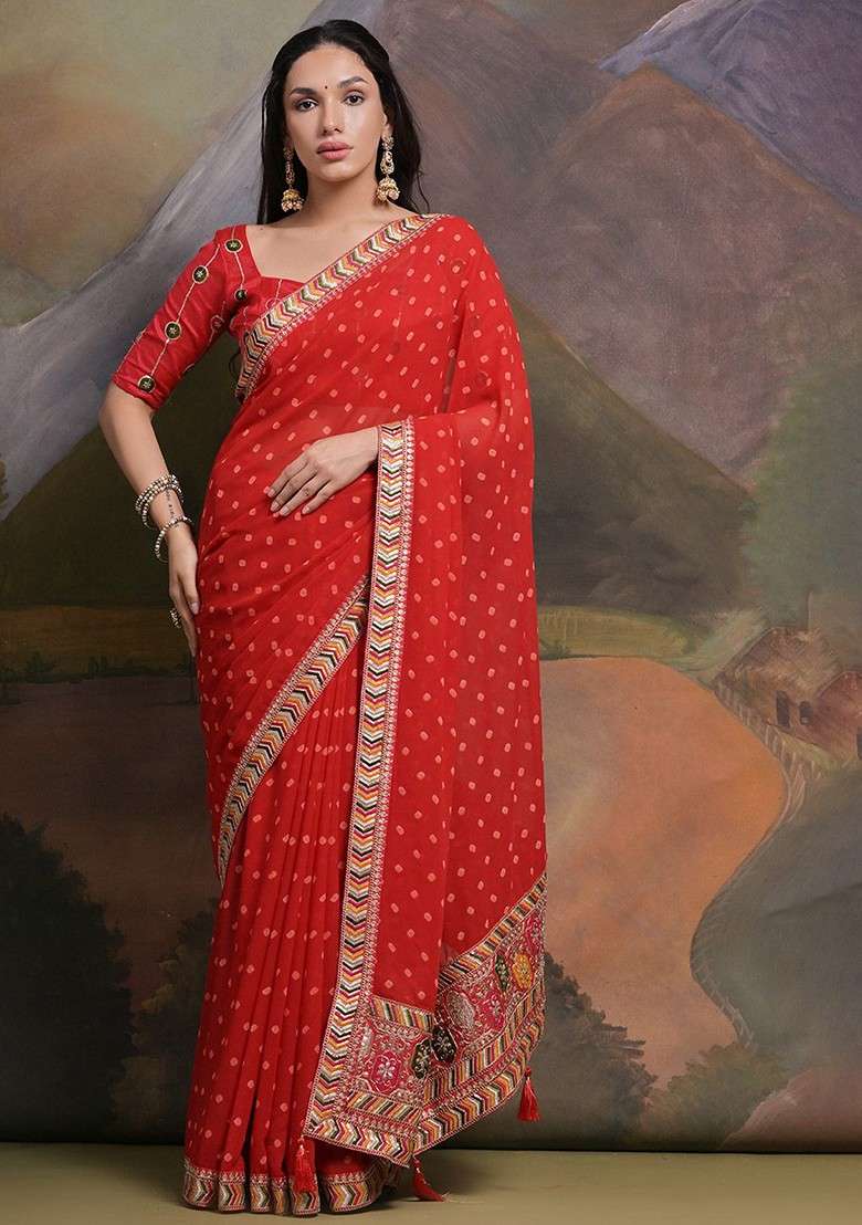 Red Printed Blended Saree Set - Indya