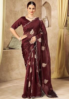 Maroon Embroidered Blended Saree Set