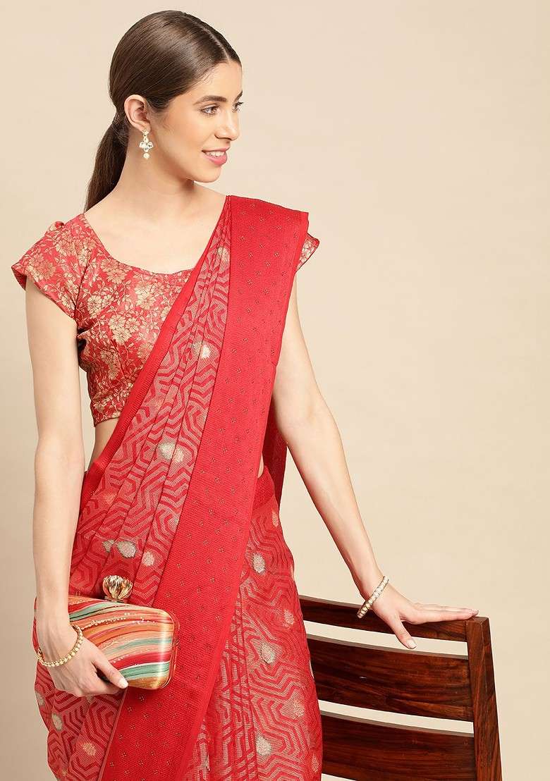 Red Embroidered Blended Saree Set - Indya