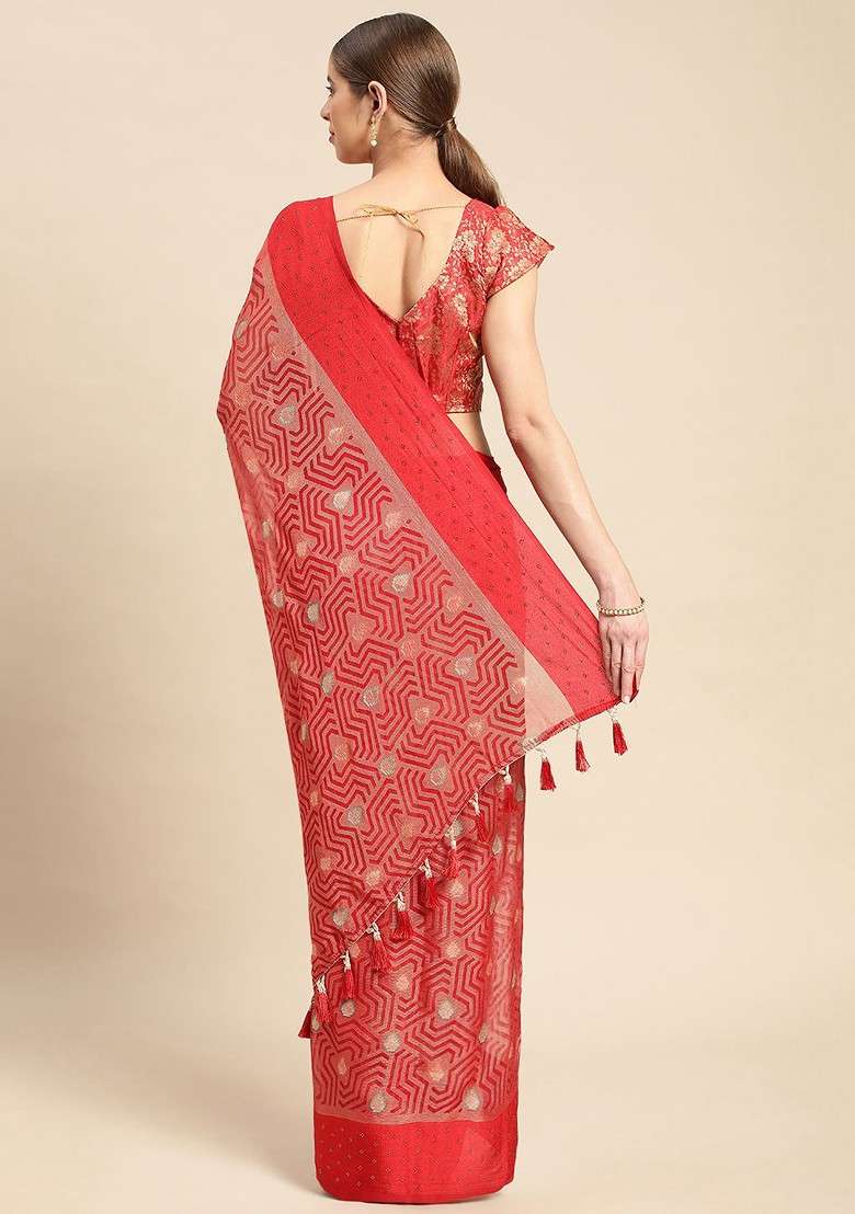Red Embroidered Blended Saree Set - Indya
