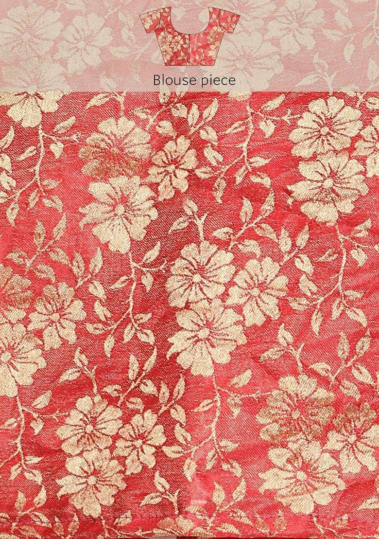 Red Embroidered Blended Saree Set - Indya
