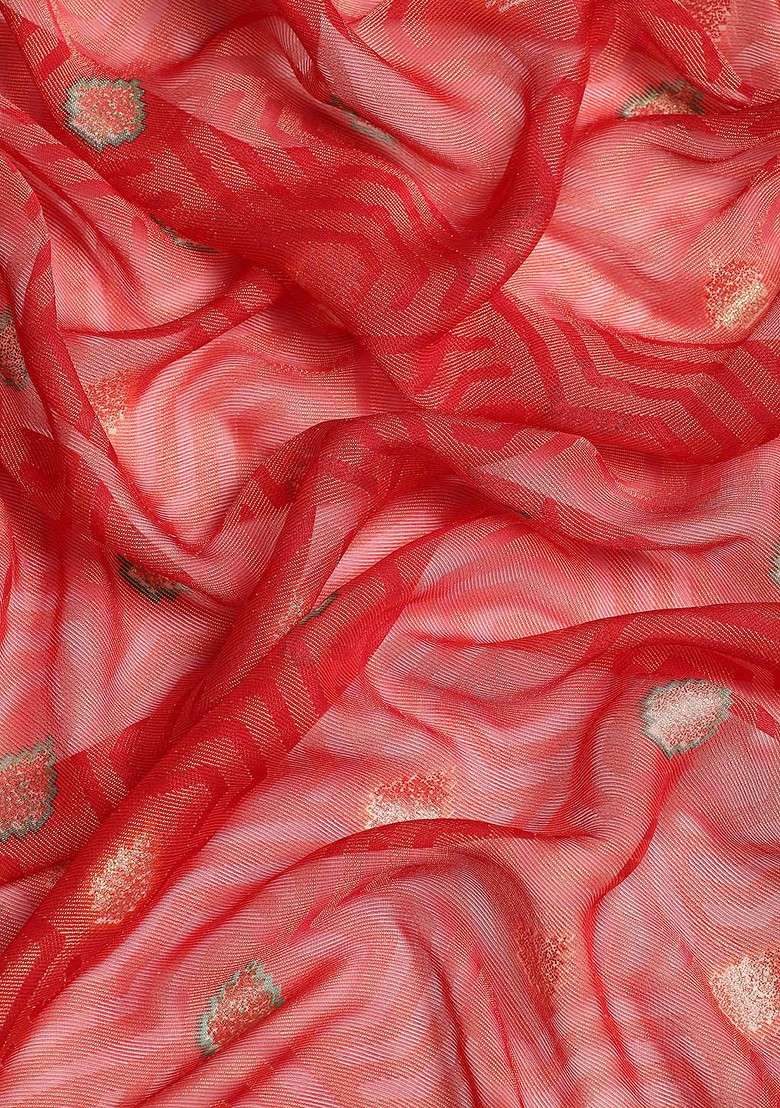 Red Embroidered Blended Saree Set - Indya