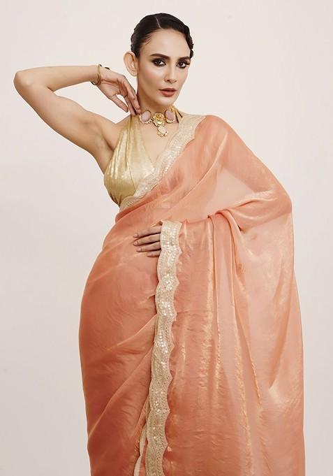 Peach Embellished Blended Saree Set — view on Indya