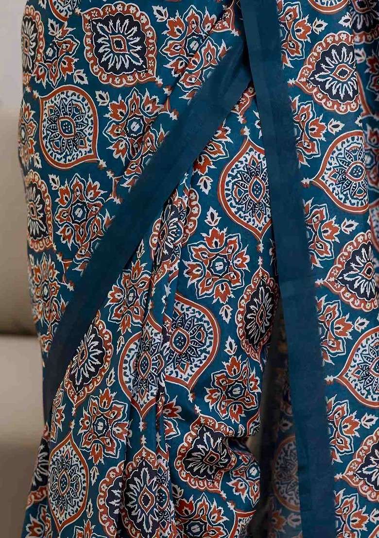 Teal Printed Blended Saree Set - Indya