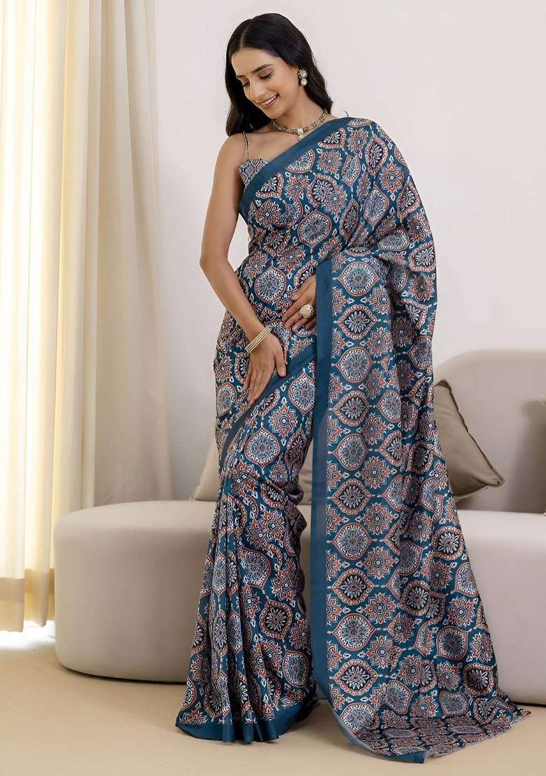 Teal Printed Blended Saree Set - Indya
