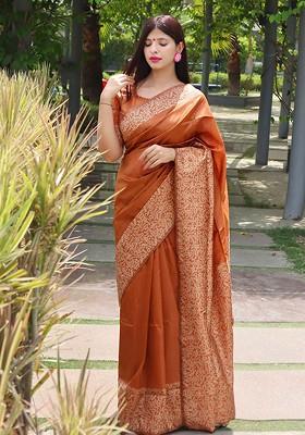 Orange Embroidered Blended Saree Set