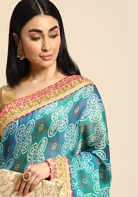 Turquoise Blue Printed Blended Saree Set