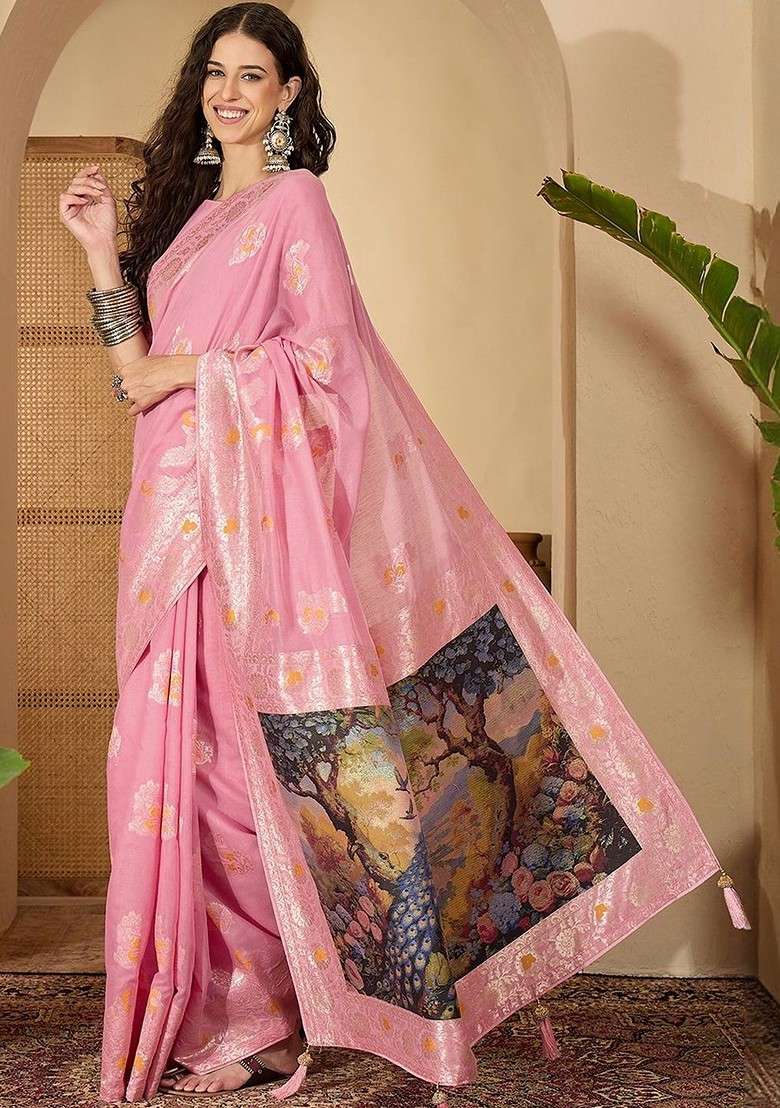 Pink Embroidered Blended Saree Set - Indya