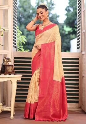 Off White Embroidered Blended Saree Set