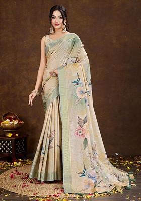 Beige Embroidered Blended Saree Set