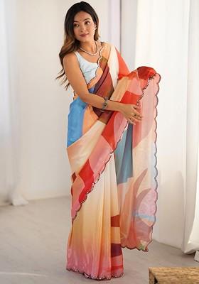 Brown Printed Blended Saree Set