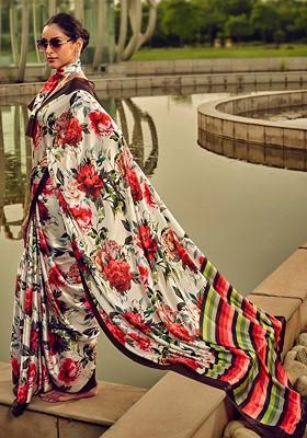 Off White Printed Blended Saree Set