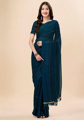 Teal Embroidered Blended Saree Set