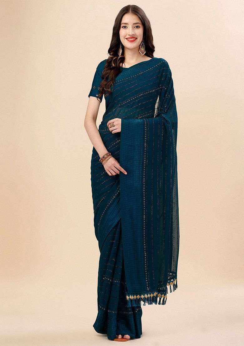 Teal Blended Saree Set with Embroidered for Diwali | Wedding & Festive Wear - Indya