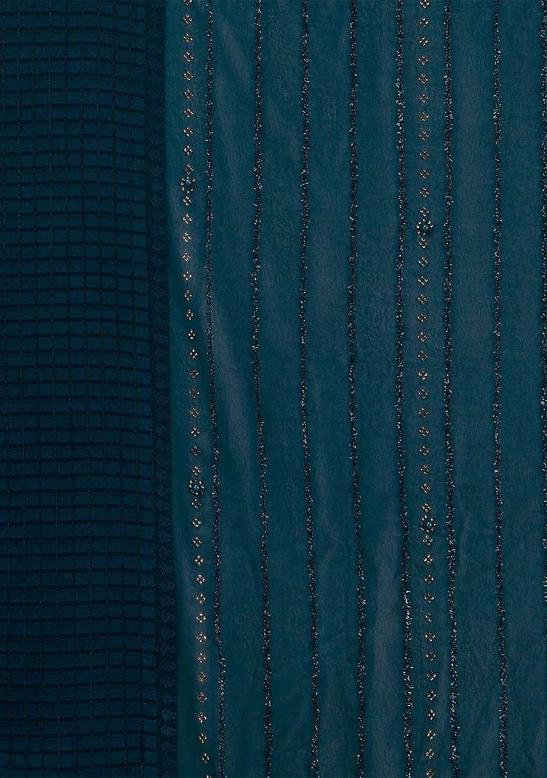 Teal Blended Saree Set with Embroidered for Diwali | Wedding & Festive Wear - Indya