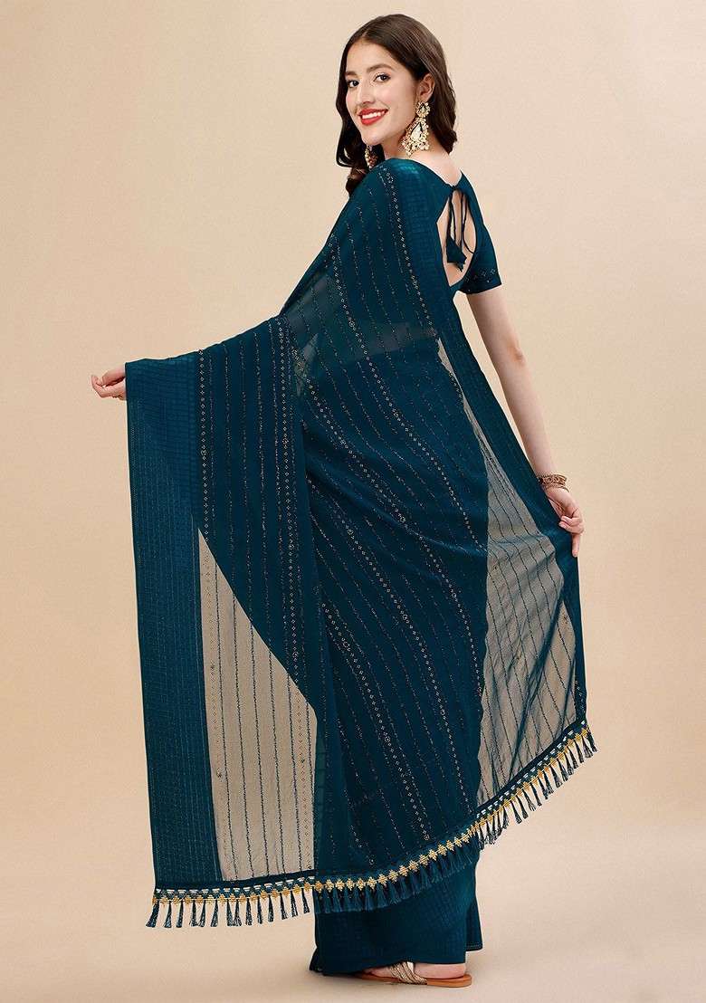 Teal Blended Saree Set with Embroidered for Diwali | Wedding & Festive Wear - Indya