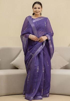 Purple Embroidered Blended Saree Set