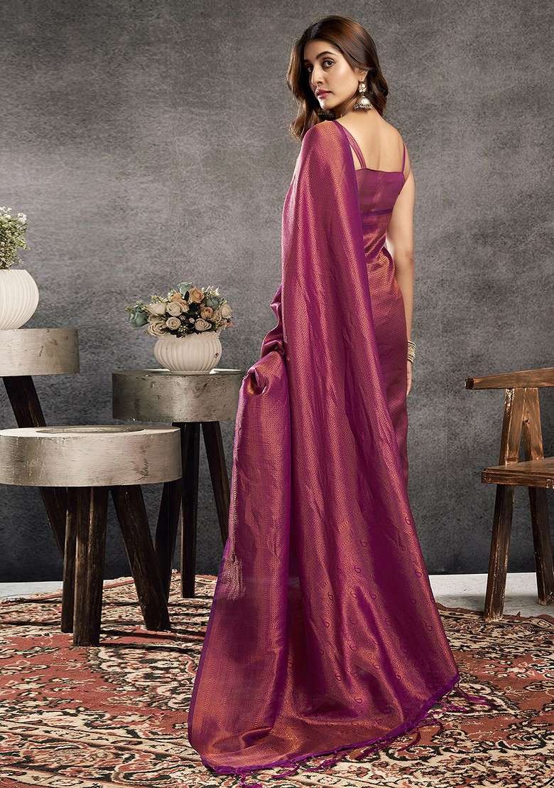 Gold Blended Saree Set with Embroidered for Diwali | Wedding & Festive Wear - Indya