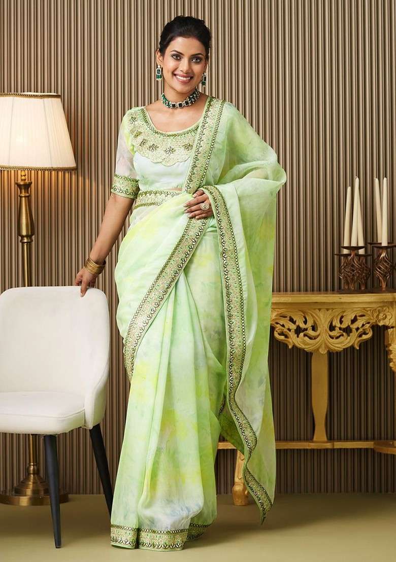 Green Embroidered Blended Saree Set for Diwali and Festive Wear - Indya
