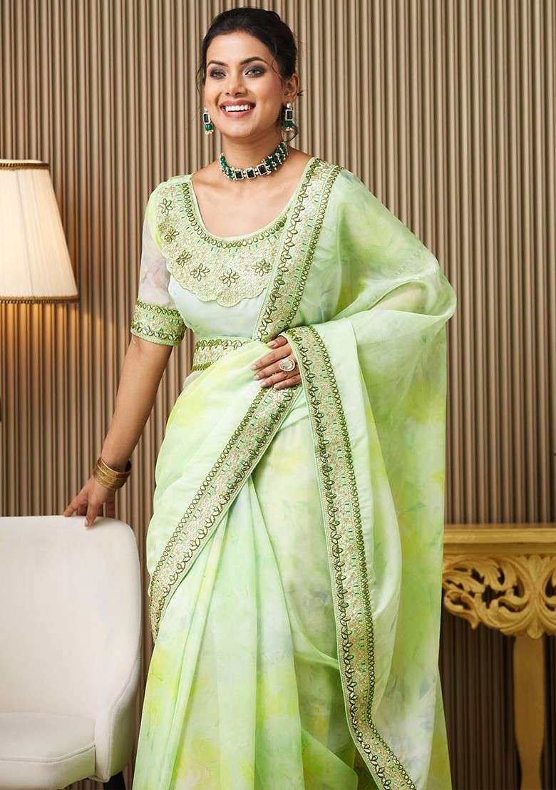 Green Embroidered Blended Saree Set for Diwali and Festive Wear - Indya