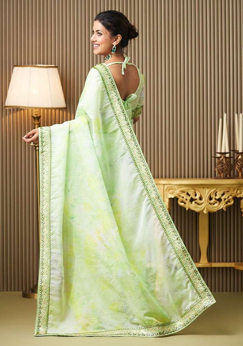 Green Embroidered Blended Saree Set for Diwali and Festive Wear - Indya