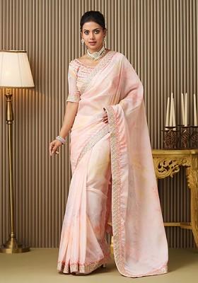 Pink Embroidered Blended Saree Set