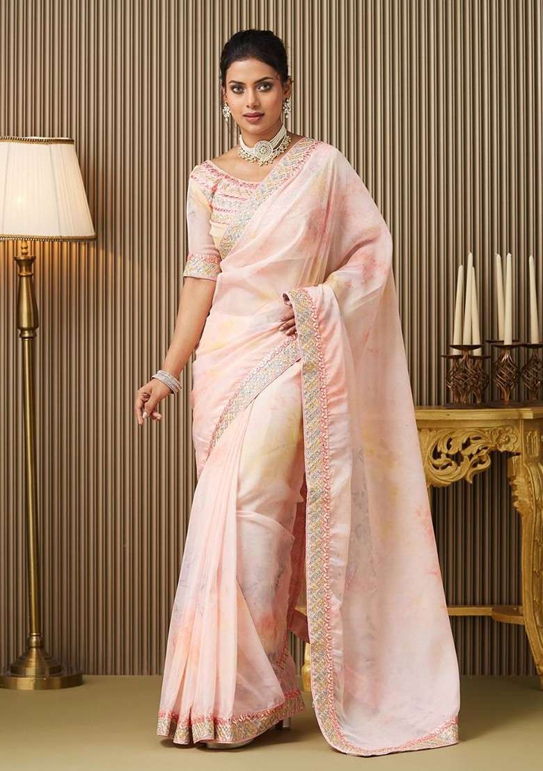 Pink Embroidered Blended Saree Set - Indya