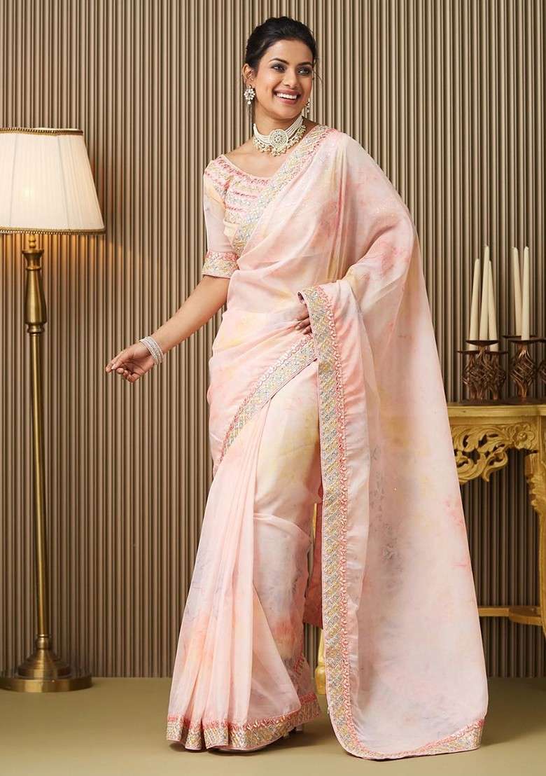 Pink Embroidered Blended Saree Set - Indya