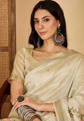 Cream Embroidered Blended Saree Set