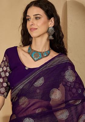 Purple Embroidered Blended Saree Set