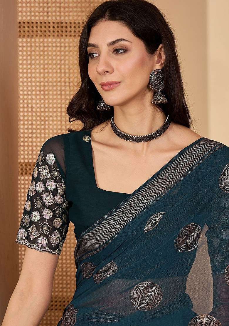 Teal Embroidered Blended Saree Set - Indya