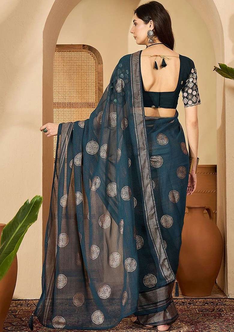 Teal Embroidered Blended Saree Set - Indya