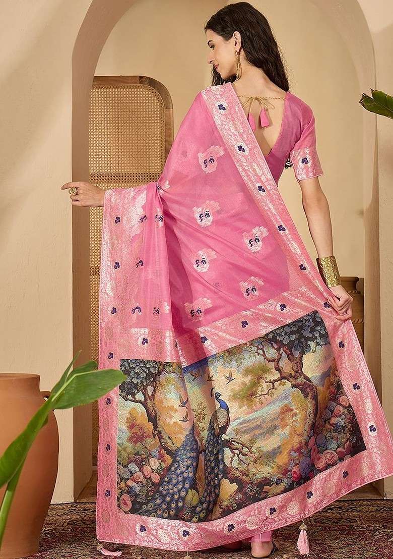 Pink Embroidered Blended Saree Set - Indya