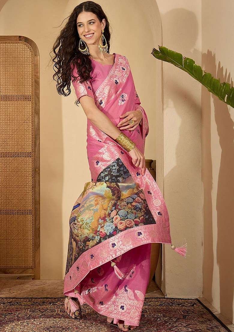 Pink Embroidered Blended Saree Set - Indya