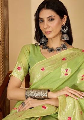 Lime Green Embroidered Blended Saree Set