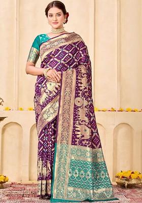 Purple Embroidered Blended Saree Set