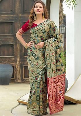 Green Embroidered Blended Saree Set